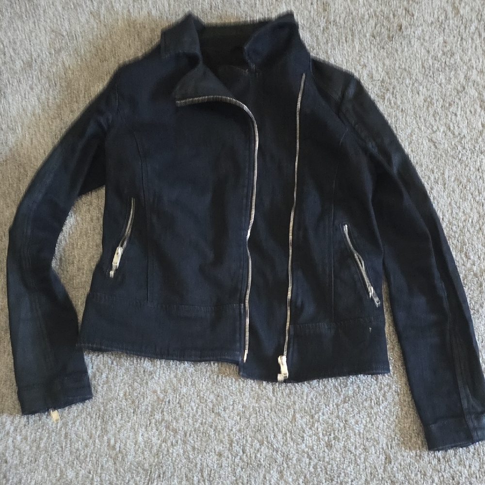 7 For All Mankind Black Leather Jacket with Silver Zippers